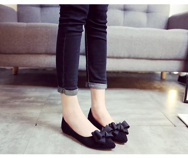 bow-knot women single shoes solid flock pointed toe shallow loafers cozy lazy slip on driving shoes black work shoes espadrilles