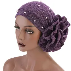 Женская шапка дышащая мягкая повязка на голову блестящий подарок стрейч твердый большой хиджаб с цветочным узором шапка украшение из