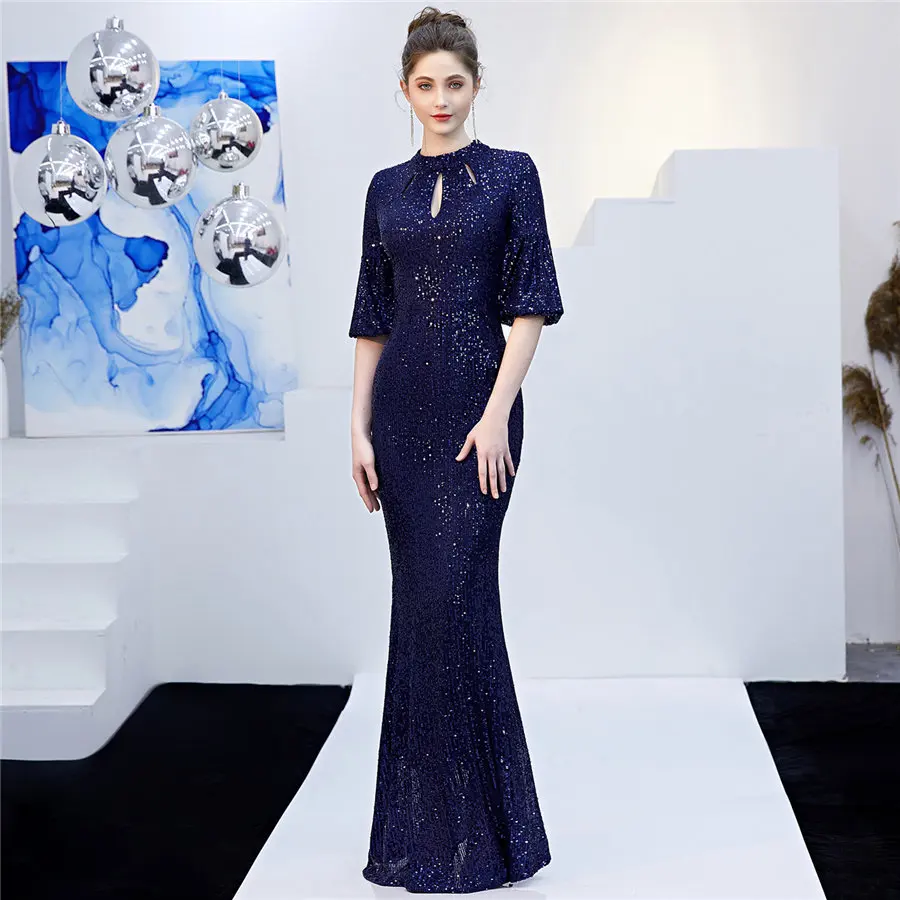 Тёмно-синий Элегантное платье русалки размера плюс Robe De Soiree DX266-3 с o-образным вырезом тонкое женское вечернее платье длинное бордовое вечернее платье с блестками - Цвет: Тёмно-синий