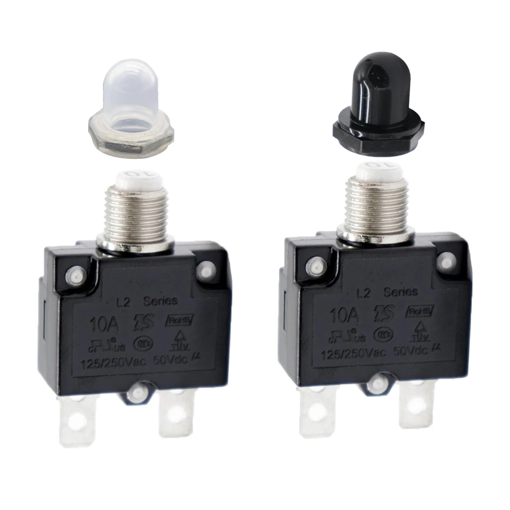 2 Pieces 10 Amp Push Button Circuit Breakers with Waterproof Button Covers (Black & Clear), DC 50V AC 125-250V