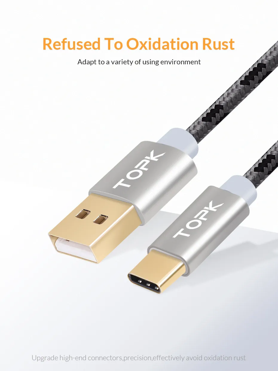 TOPK usb type C кабель, ультра прочный нейлоновый плетеный кабель для быстрой зарядки USB C для MacBookXiaomi 4C/Letv и т. Д