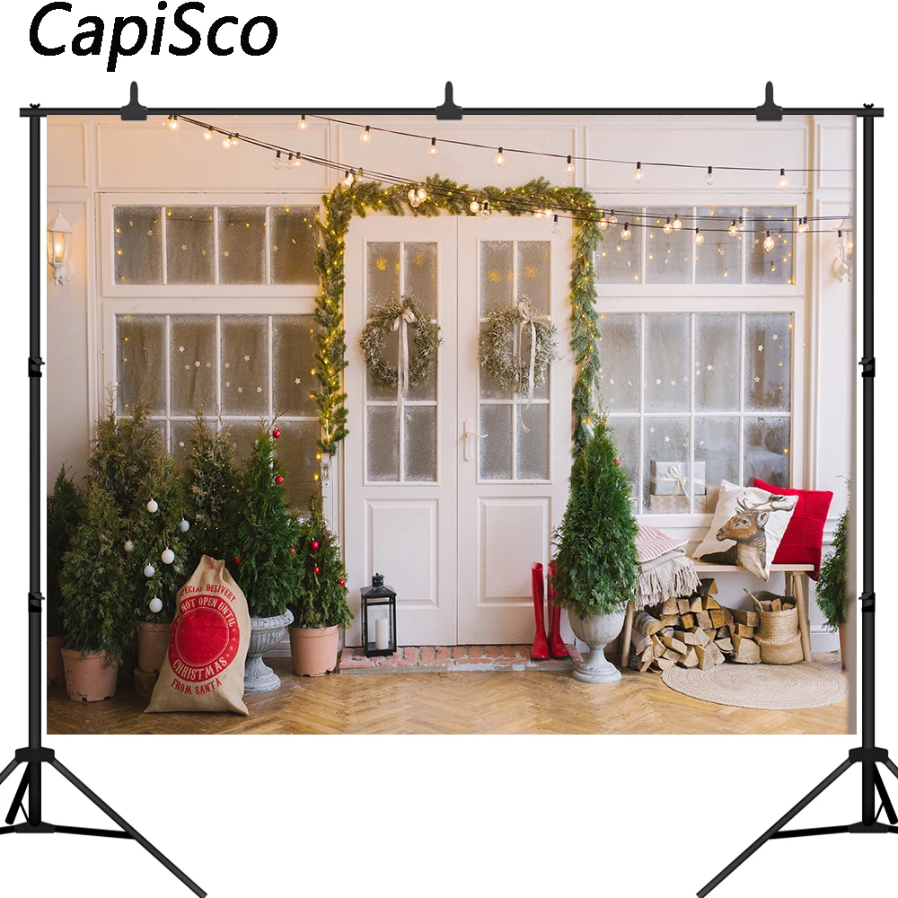 

Capisco Christmas Backdrop for Photography Wood Door Xmas Tree Newborn Kid Portrait Photo Background Photoshoot Studio Props