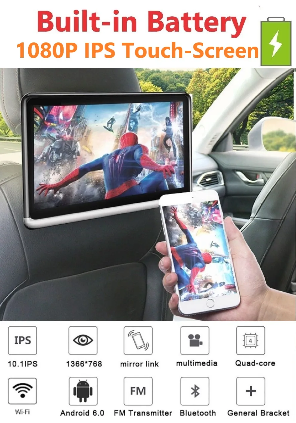 10.1 Inch Car Headrest Monitor Built-in Battery 1080p Touch Screen Rear ...