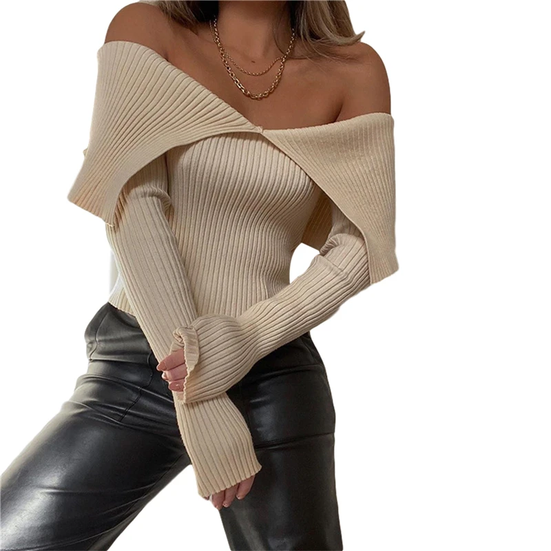 

Sexy Womenâ€™s Sweater Casual Long-sleeved Tops Fashion Solid Color Off-the-shoulder Top Ladies Sweater Spring Autumn Clothes
