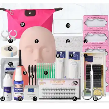 

19pcs False Eyelashes Extension Practice Exercise Kit Makeup Mannequin Head Set Grafting Eyelash Tools Kit Practice Eye Lashes