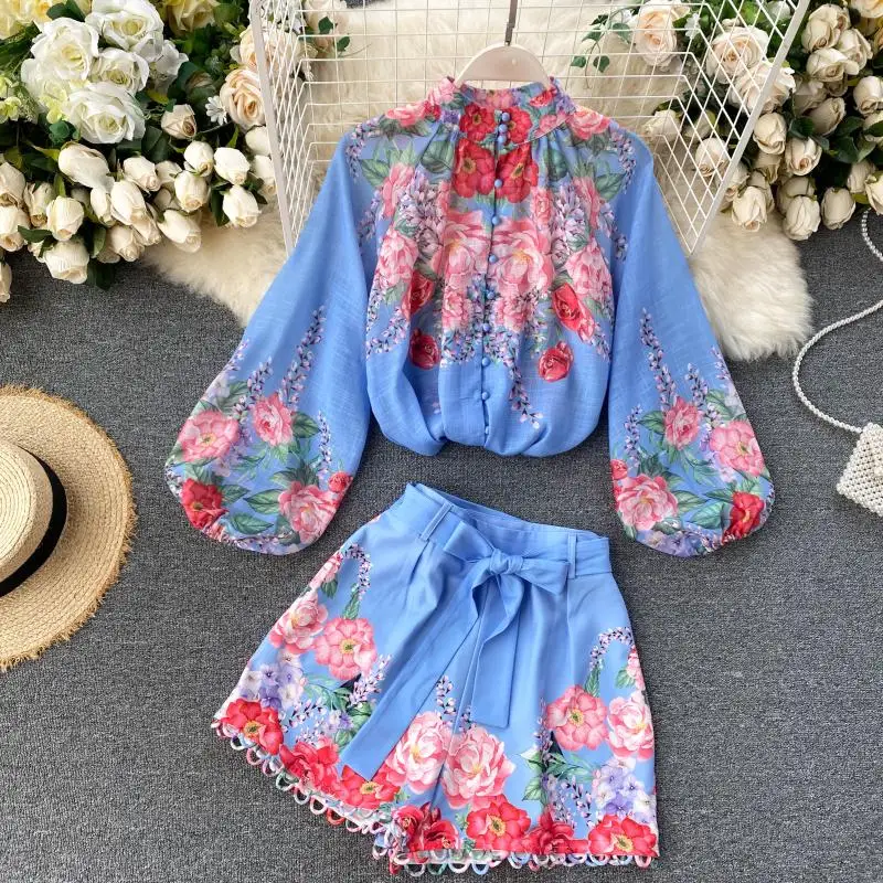 matching workout sets Beachapche 2021 Women Fashion New Vintage Long Lantern Sleeve Single Breasted Print Shirt + Wide Leg Shorts Two Piece Sets cute two piece sets Women's Sets