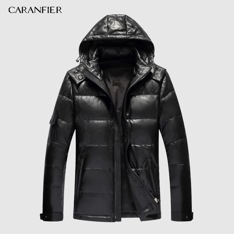 CARANFIER Mens Winter Warm Black Genuine Leather Real Lambskin Duck Down Hooded Jackets Coats Jaqueta De Couro Deri Ceket