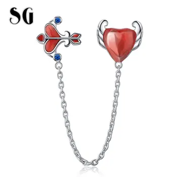 

SG New 925 Sterling Silver Red Enamel Love & arrow for Safety Chain Stopper Beads Fit Charm Bracelet for Women Fine Jewelry