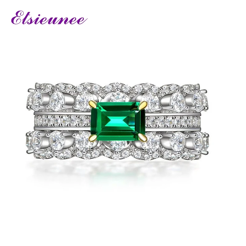

ESIEUNEE New 100% 925 Sterling Silver Emerald Simulated Moissanite Gemstone Wedding Rings for Women Fine Jewelry Drop Shipping