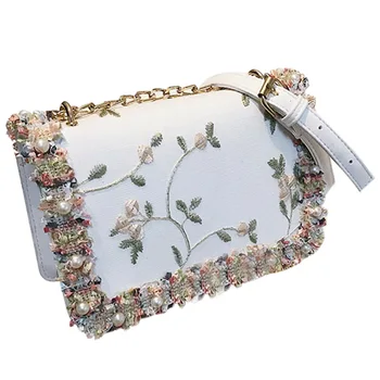 

Flowers Women bag New handbag High quality PU Leather Sweet Girl Square bag Flower Pearl Chain Shoulder Messenger Bag(white)