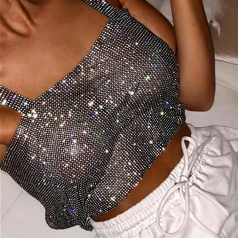 Bling Rhinestones Party Crop Top 2020 Fashion Solid Backless Straps Full Diamonds Sequins Cami Cropped Top for Women