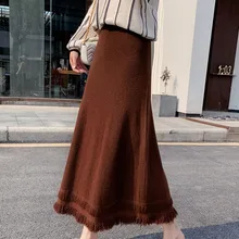 Женская вязаная длинная юбка для женщин, Осень-зима, новая трапециевидная юбка с кисточками, одноцветная длинная юбка, высокая талия, длина по щиколотку, ML275