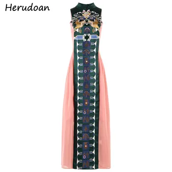 

Herudoan Fashion Designer 2020 Summer Vintage Midi Women Elegant Sleeveless Stand Neck Embroidery Loose Slim Female Midi Dresses