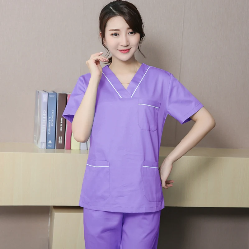 light purple TOP Новая мода скраб-Топ для женщин Цвет Блокировка дизайн V шеи рубашка с боковым отверстием медицинская униформа медсестры косметолога Спецодежда - Цвет: light purple TOP