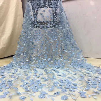 

Sky blue New Arrival beads Lace Fabrics African Nigerian Tulle Mesh Lace Fabric for Wedding 3D Flower Lace Fabrics with beads