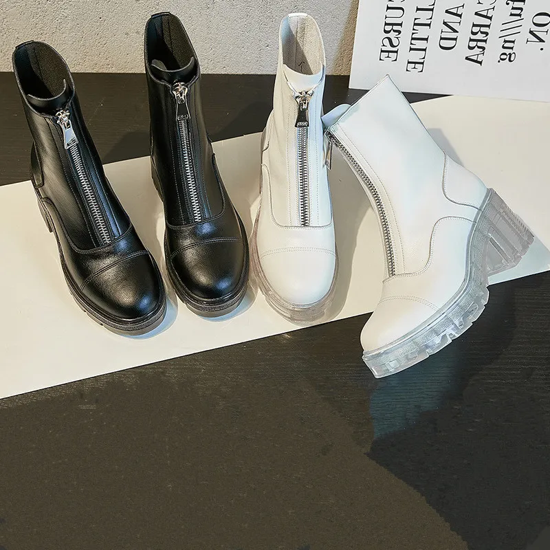 

Black leather short boots women's new fashion round head thick heel high boots British style front zipper design women's shoes