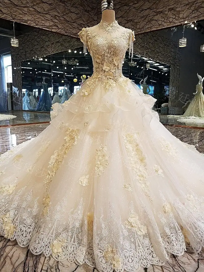 Vestido De Noiva Роскошные платья невесты с высоким воротом с блестками цветы Beade бальное платье Свадебные платья на шнуровке Королевское пышное свадебное платье со шлейфом - Цвет: as picture