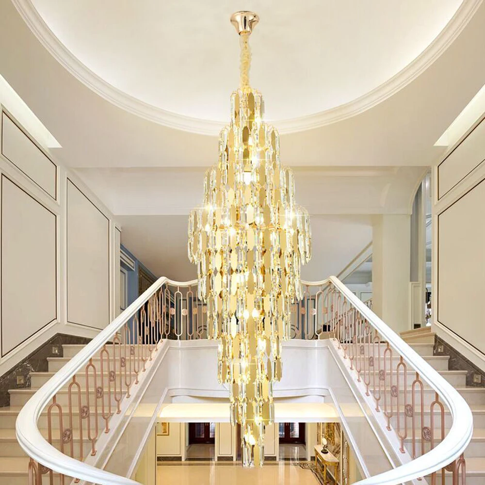 

New Design Large Crystal Chandelier Long Staircase Gold Hanglamp AC110V 220V Luxury Cristal Hotel Lobby Lights