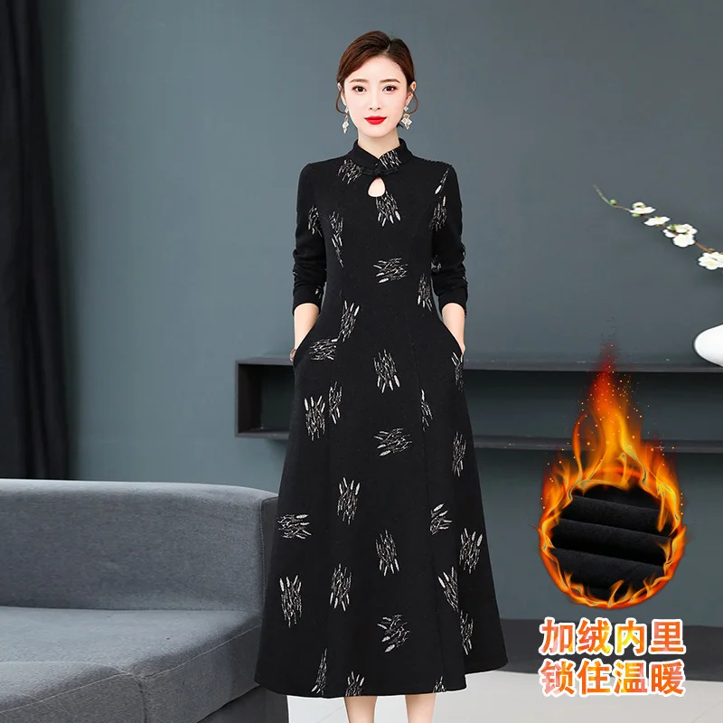 

Knitted Floral Printed Dress Women's Autumn And Winter 2019 New Style Elegant Large Size Slimming Long Sleeve Chinese-style Impr