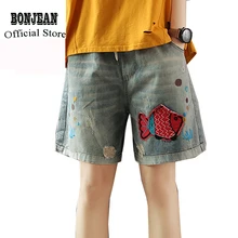 Женские джинсовые прямые короткие милые повседневные модные летние свободные шорты с эластичной резинкой на талии и вышивкой в виде рыбки AZ39462130