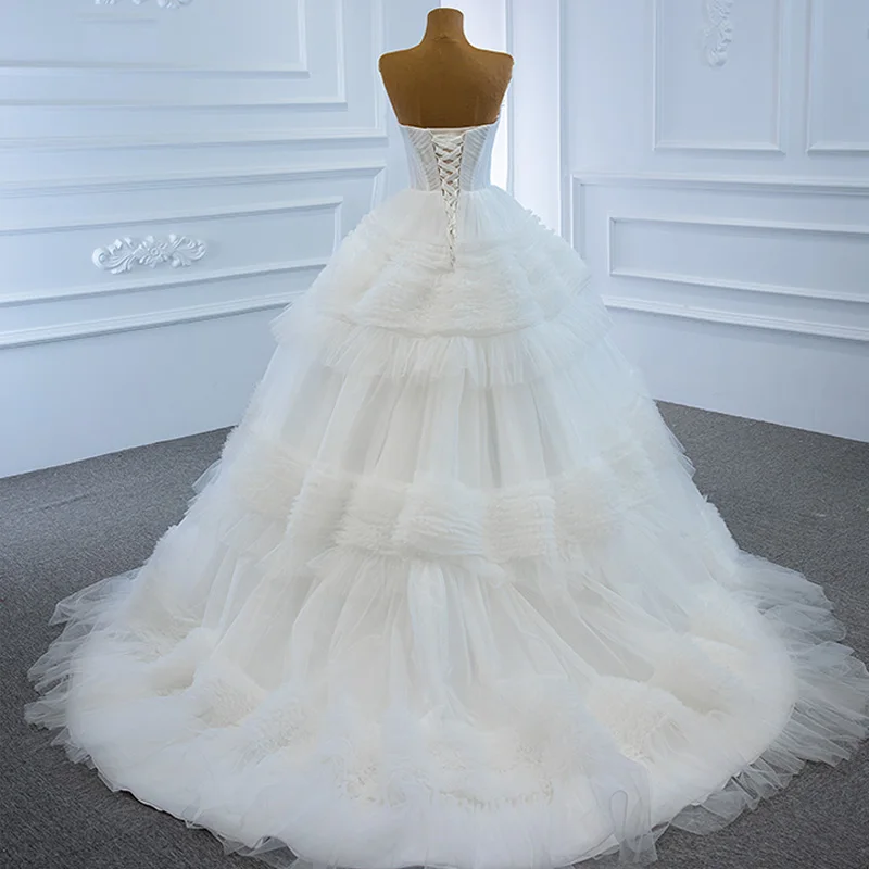 RSM67175 White Sexy Tube Top Tulle Backless Wedding Bridal Gown 2021 Ruffled Back Lace-Up Design Banquet Mop Dress 2