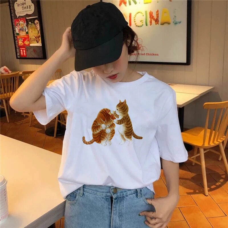 2020 Summer Women T-shirt Cartoon Lovely Cat Printed Tshirts Casual Tops Tee Harajuku 90s Vintage White tshirt Female Clothing