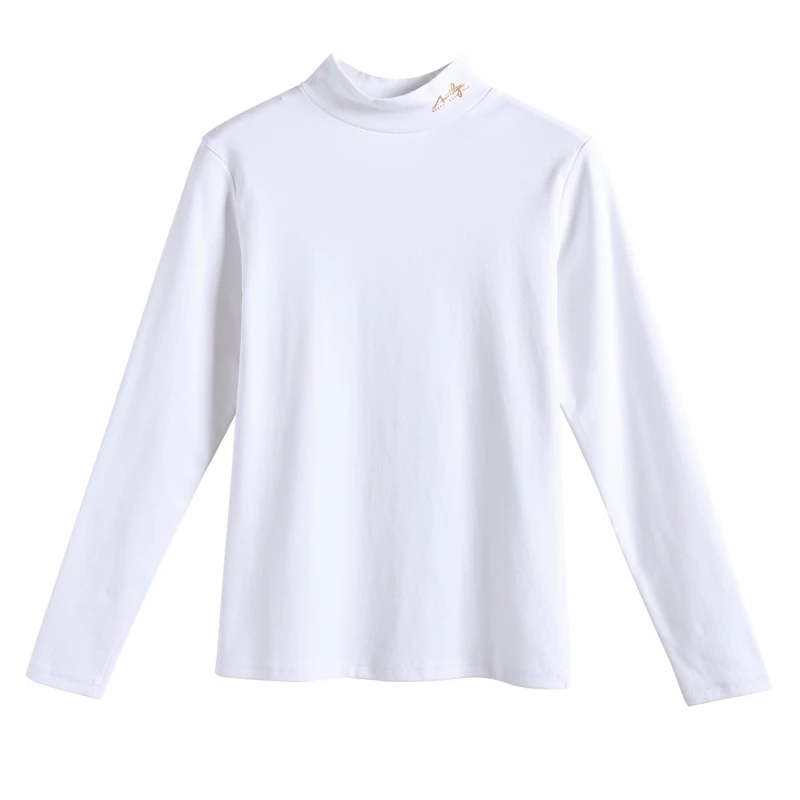 OUMENGKA хлопок Harajuku осень-зима с высоким, плотно облегающим шею воротником T рубашки с принтом-надписью длинный рукав, верхняя одежда, модная, Повседневное элегантные эластичные футболки - Цвет: white