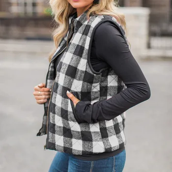 

Women Stand Collar Lattice Pattern Zipper Vest With Pockets Fall Winter Outwear Plaid Leisure And Comfort Coats #3