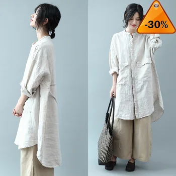 

Shirt Fashion Linen Vestidos Women Spring Sundress Casual Long Sleeve Blusa Female Solid Asymmetrical Tunic Plus Size