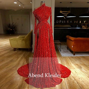 

Long Sleeves Red Women Evening Dresses 2020 Asymettrical Abendkleider Prom Gown vestidos largos de fiesta