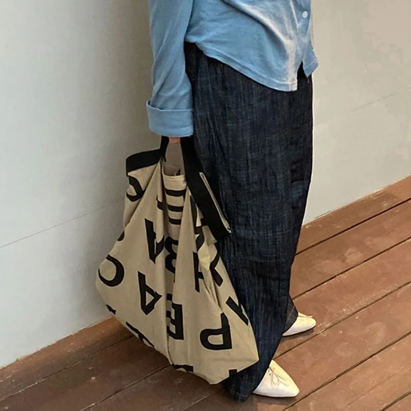 Print Handbag Tote Shopping-Cloth-Bags Travel-Bag Letter Canvas Casual Hylhexyr Waterproof
