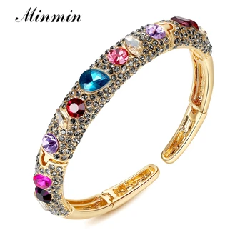 

Minmin Gorgeous Vintage Antique Colorful Crystal Bangle for Women Luxury Gold Color Bracelet Bangle Wedding Bridal Jewelry SL423