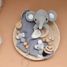 Conjunto de mordedores de ganchillo para bebé, pulsera tejida y Clips de algodón para chupete, Serie de elefante, juguetes para niños, venta al por mayor