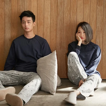 

Couple Pajama Sets Polar Bear Knitted Cotton Autumn Lover Pijama Set Long Sleeve Sleepwear Home Clothing Women Nightdress