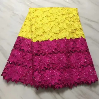 

wholesales high quality African Guipure cord Lace With heavier stones Fabric For Nigerian2020Party Dresses Yellow with pink