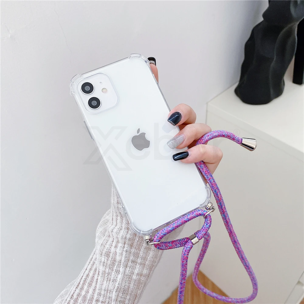 Necklace Lanyard Strap Chain Phone Case For iPhone 13 Pro Max 12 11 14 XS X XR Mini SE 2 6S 7 8 Plus Transparent Soft Rope Cover cute iphone 11 cases