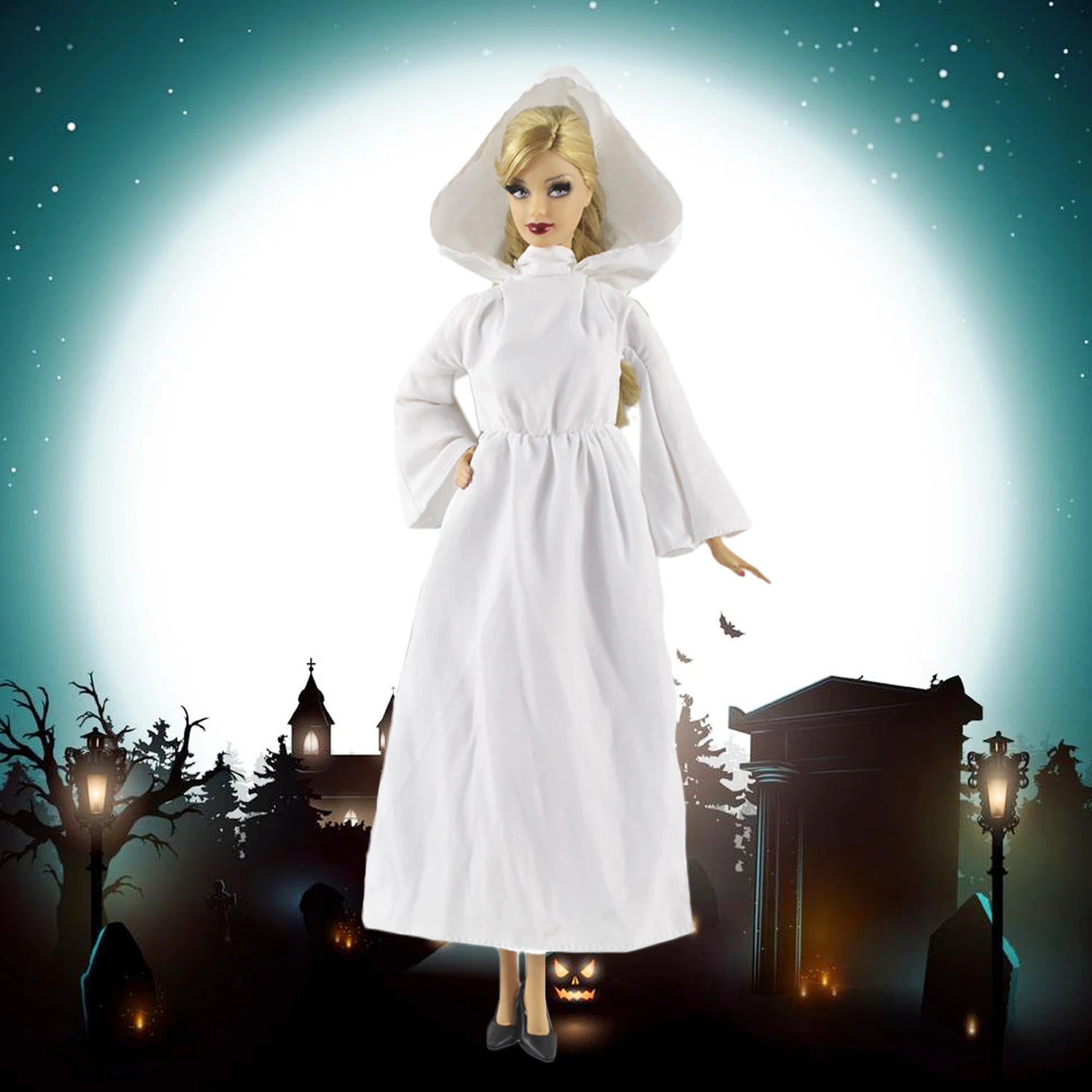 

Besegad Kids Mini Girl Doll Halloween Long White Hooded Robe Dresses Gown Outfits Clothes Costume Accessories for Barbie Toy