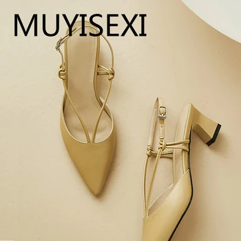 

Slingbacks women pumps genuine leather 4cm low square heels shoes pointed toe spring summer office ladies shoes KAL04 MUYISEXI