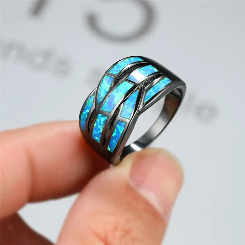 自由奔放に生きる女性ブルーファイヤーオパール石リングヴィンテージ 14kt黒ゴールドの結婚指輪の約束愛クロス婚約指輪 Wedding Bands Aliexpress