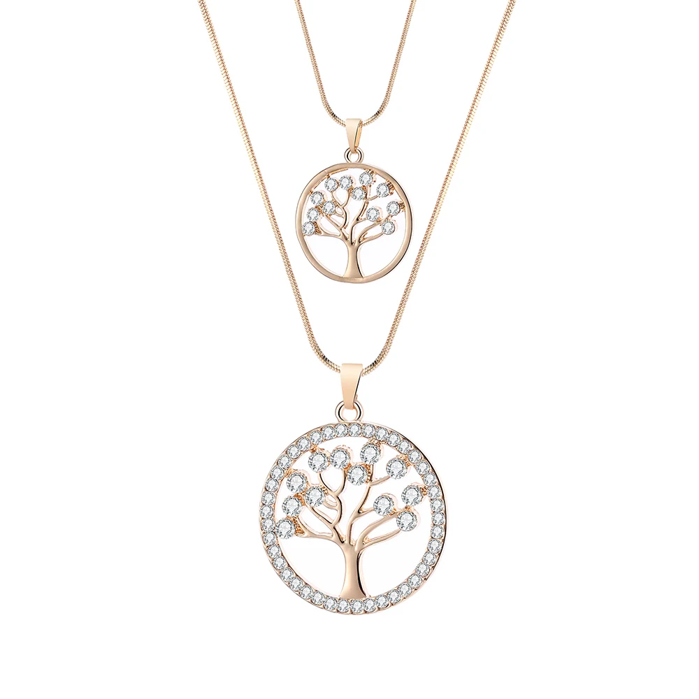 

Round Tree Of Life Pendants Necklace For Women Gold Silver Double Chains Crystal Necklace Female Fashion Jewelry Party Gifts