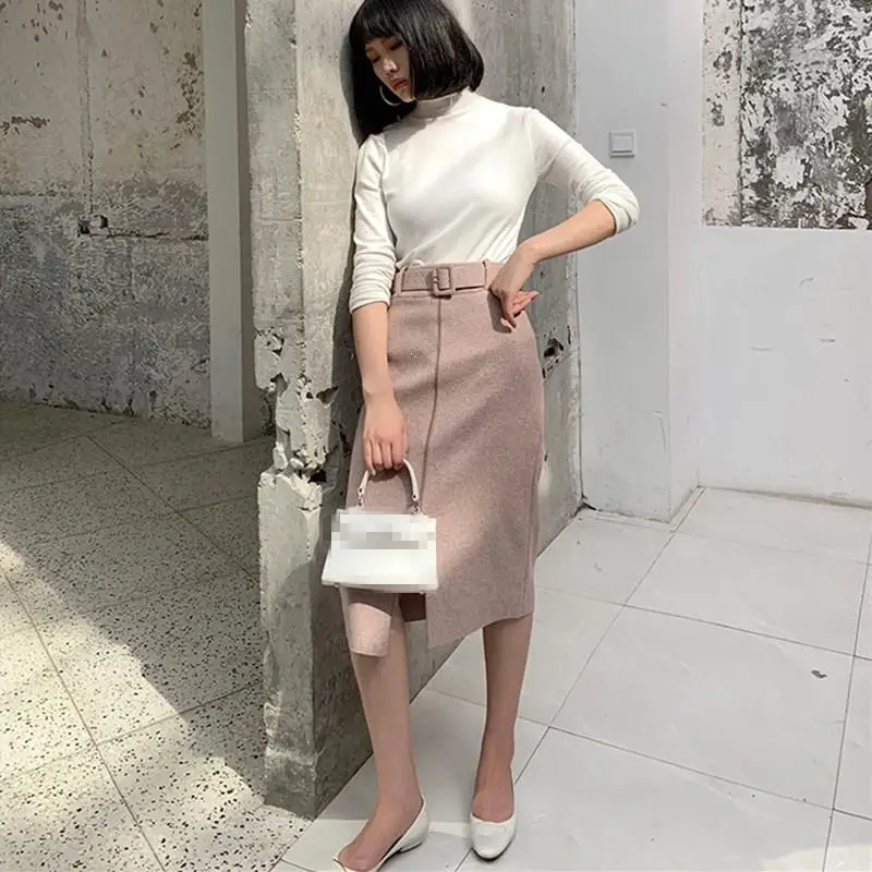 

Womne Fashion Autumn Winter Pink Woollen Mid-Calf Skirt Casual Belt Warm Bodycon Skirt Elegant High Waist Split Skirt