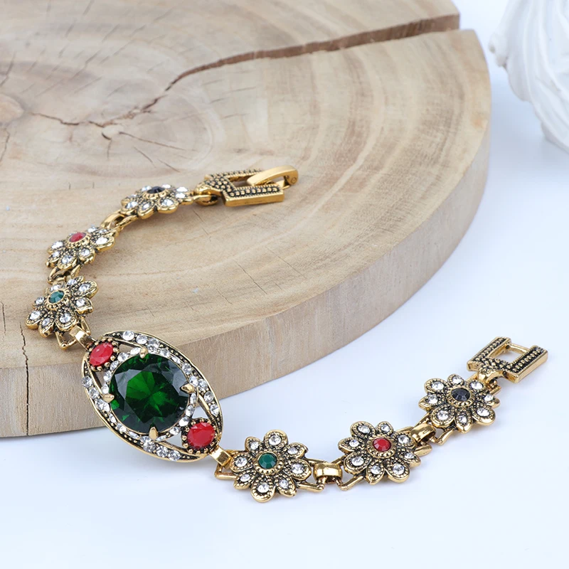 Kinel Роскошные Зеленые каменные турецкие браслеты для женщин античный золотой цвет кристалл цветок Бохо винтажные Свадебные украшения Новинка