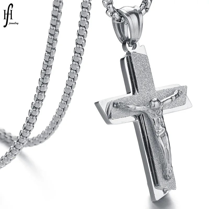 

Hot Sales Irregular Double Layer Dull Polish Christ Jesus Necklace Titanium Steel Cross Pendant