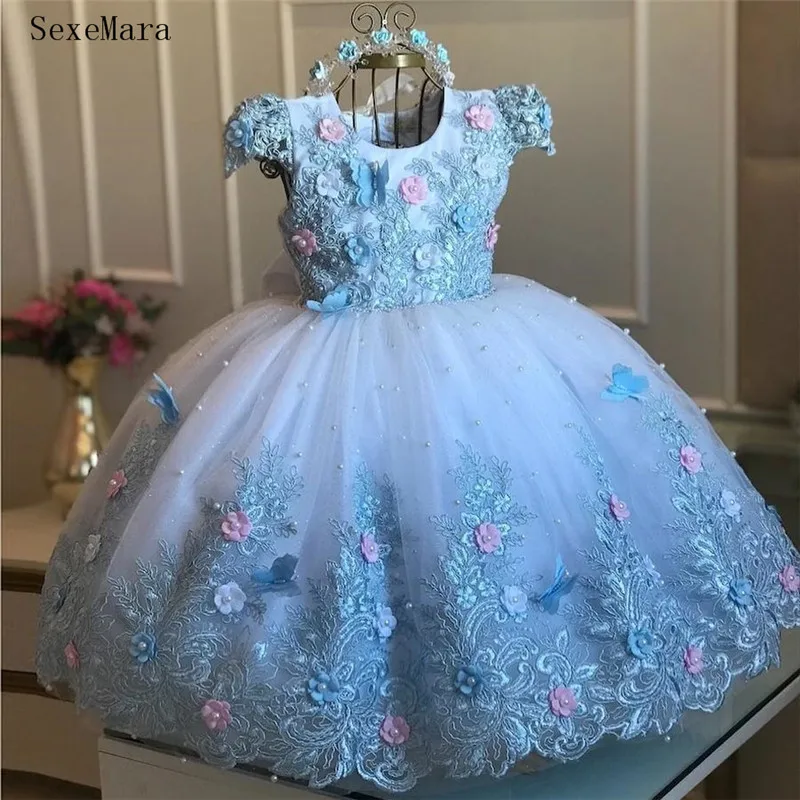 

Ball Gown Lace Pearls Flower Girl Dresses For Wedding Appliqued Keyhole Back Pageant Gowns Kid First Birthday Dress