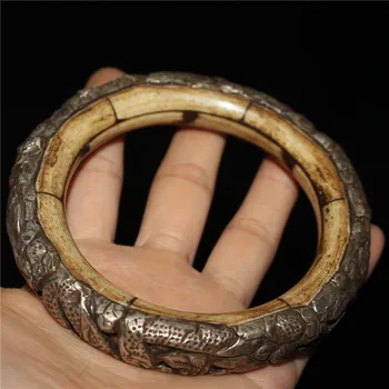 

Chinese old craft Old Tibetan silver embossed ox bone relief dragon bracelet