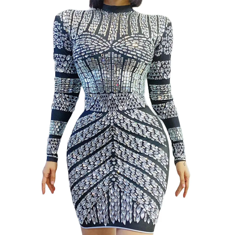 

Блестящие короткие платья Стразы с длинным рукавом, облегающие эластичные женские платья, вечерний наряд для выпускного вечера, одежда для диджея, певицы, танцевальная одежда