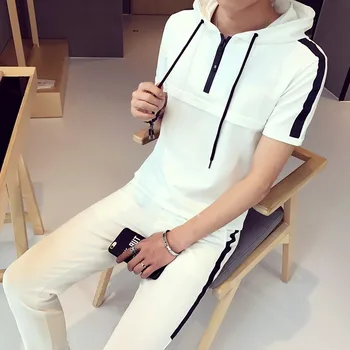 

Summer Fashion 2020 Short Sleeve Suits Pullover Hooded Casual Plain Solid Slim Fit Skins Compression Trouser For Men Suit Sets