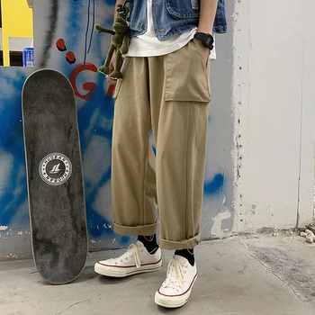 

2019 Autumn And Winter New Japanese Retro Loose Straight Big Pocket Solid Color Fashion Casual Pants Black / Green / Khaki