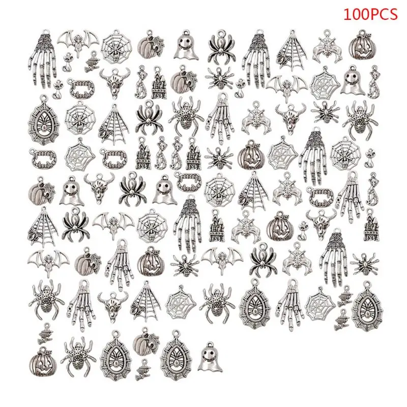 

100Pcs/Pack Random Mix Halloween Antique Alloy Skeleton Skull Charm Pendants Bracelet Jewelry DIY Crafts Accessories