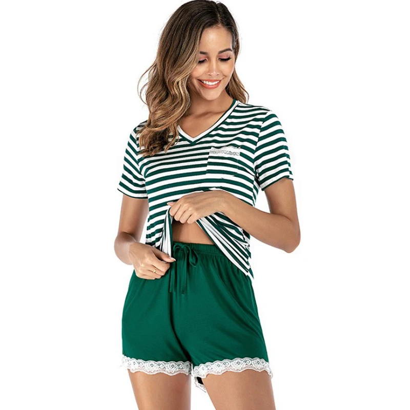 

Sexy Lingerie Pajama Set Deep V-neck Lace Plus Size S-4XL Wide Pine Breathable Stripe Short Paragraph Thin Pure Cotton Costumes